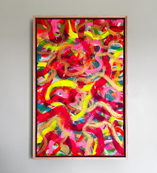 A colourful painting with bright squiggles of pink, yellow and gold