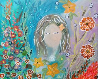 A colourful floral painting with a face in the centre who's eyes are closed.
Whimsical, bold, bright and pretty flowers and multi coloured background edged with a deep French blue colour.