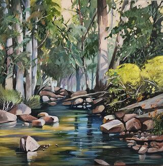 An impressionistic view of the Australian landscape with gum trees and rocks surrounding a small creek.