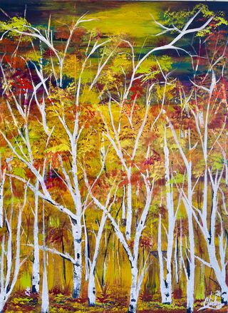  White birch At Twilight is a vibrant and colourful floral abstract painting that captures the essence of Autumn in a forest landscape. Created using an impressionistic style, the painting features textured birch trees painted with acrylic impasto on a canvas that has been allowed to dry for a week. The artist witnessed a magical transformation as a forest landscape emerged organically on the canvas. They added their own expressive touch by improvising a unique treescape, incorporating hues of blush pink, orange, yellow, white, and light blue in a fluid, flowing manner. Carefully detailed leaves in shades of lemon yellow, cool yellow, violet blue, red sienna, light orange, fluorescent purple, and warm yellow create a mesmerizing composition. The finishing touches of orange and yellow fluorescent colors add dynamic pops to the warm palette. This exquisite artwork comes with a Certificate of Authenticity, a wire on the back for easy hanging, and will be meticulously packed for a safe delivery to its forever home.