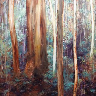 Soft impressionistic painting of forest understorey with dense layers of foliage and eucalypt saplings in Bohemian eclectic palette of ochre, peach, teal and mauve. 