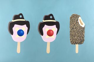 Two Bubble-o-bills and a golden gaytime ice-cream  on a dusty blue background.