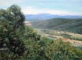 The viewer looks past the nearby mountain scrub into a valley with scattered farms.  Blue mountains stretch into the distance, fading into the blue of the sky. 