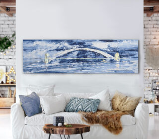 A large dark blue and white abstract the Sydney Harbour Bridge in gold, blues and whites