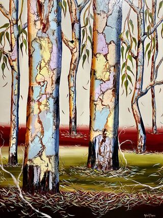 Several colourful gum tree trunks with some leaf litter and twigs a chocolate brown blending into green then a lovely deep maroon fading upward from the  base to a light cream green