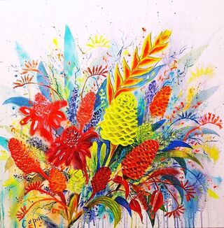 Fresh and striking with brilliant vibrant colours is this impression of Ginger flowers and Kangaroo Paws in dazzling reds and yellows!