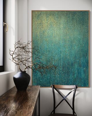 Blue and gold mixed media textured lineal canvas