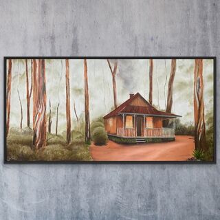 Australian misty forest and wooden cabin