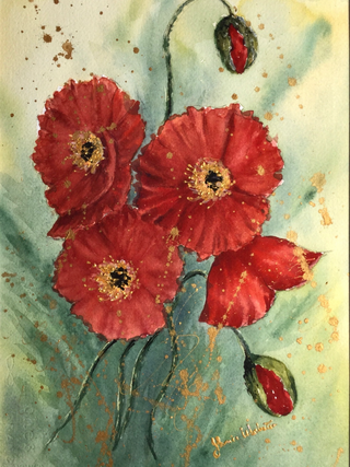 Poppies are a delight to paint and in this painting I have endeavoured to paint as a spray of poppies and elaborated with splashes of gold acrylic.   Painting has white double mount ready to frame.   Outside measurements of mount is 40.5cmW x 50cmW