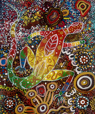 Embracing Indigenous creativity is paramount in exploring Aboriginal art. To create this artwork, the artist meticulously selected vibrant colors to bring forth a dynamic visual experience. They incorporated layers of mixed media and Liquitex Soft Gel to enhance the overall aesthetic of the piece. The application of Liquitex Soft Gel served multiple purposes: it not only increased surface gloss, color depth, and transparency but also extended the color's reach without compromising the acrylic's stability. Moreover, it imparted an oil-like color to heavy body paint, enriching the texture and finish of the artwork.