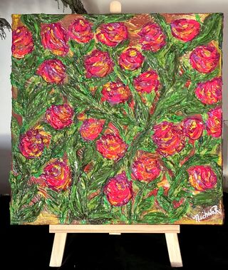 A small feature piece of heavy textured impasto of  roses coloured deep pink and yellow . A 3 dimensional effect creating a very interesting piece .