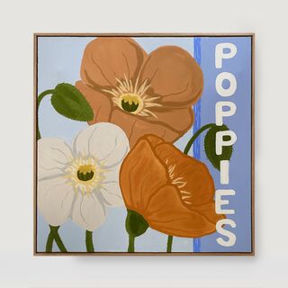 Bright orange poppies with a blue background and graphic text saying "poppies".