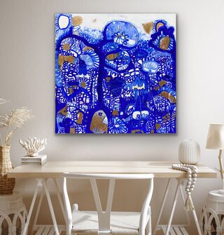 Large square canvas with squiggly blue lines depicting nature and foliage on a background of white with splashes of gold