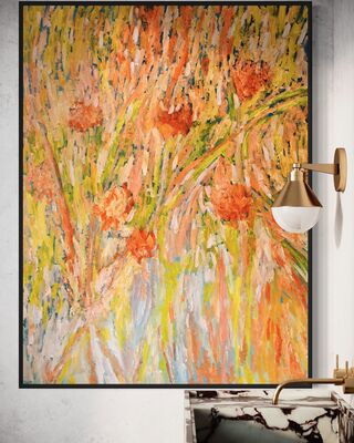 The artwork titled "Radiant Blossoms: Dance of Red" depicts a vibrant scene filled with bold red flowers swaying gracefully amidst strips of paper. The flowers, painted in shades of orange, yellow, crimson, and green, exude a sense of vitality and movement. Each petal appears to be in motion, creating a dynamic and lively composition. The strips of paper, delicately portrayed, flutter in the breeze, adding an ethereal quality to the scene. The overall effect is one of radiance and beauty, with the colors seeming to emit a soft glow. This artwork captures the artist's profound appreciation for the beauty of nature and the fleeting moments of life, inviting viewers to immerse themselves in its captivating charm.