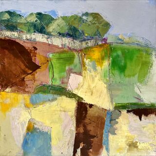 A countryside scene in abstracted style in soft greens and soft yellows.  