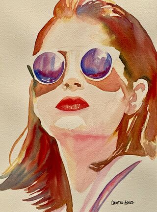 artwork which is the image of a woman wearing sunglasses staring into the sunshine

