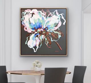 Square canvas, Modern blue, green and white coloured single flower with highlights of orange, pinks, mauve, greens and earthy tones with chunky paint and textural brushstrokes.