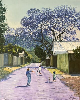 Children play cricket in a laneway bordered by fences, sheds and shaded by jacaranda trees. 