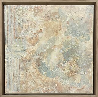 Abstract textured painting with beige, pale aqua and rust light swirls