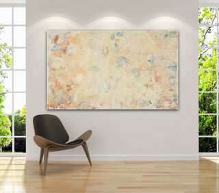 Highly textured abstract painting with warm cream and beige undertones with accents of blue and rust