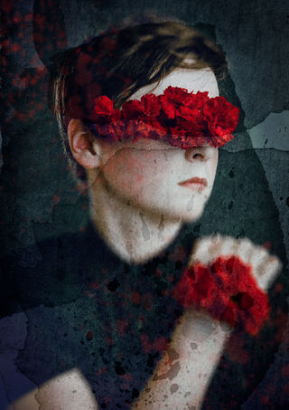 Portrait of boy with crimson dianthus carnations veiling his eyes and wrist