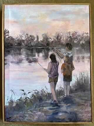 Pink dusk reins across the painting, and the figures depict tranquility and togetherness. The reflections on the water provide the viewer with the wonder of the creek. 