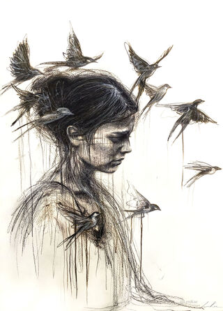 A mixed media drawing of a girl with swallows flying around her,  from Sydney artist Leni Kae.