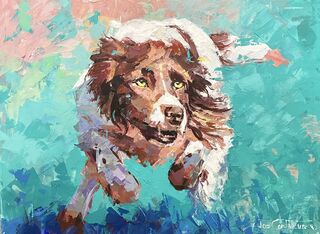 Dog running fast with paws off the ground and flapping ears. Textured paint and vibrant colours. 