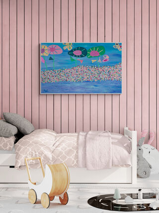 The piece has bright flowers and butterflies in a beautiful garden beside a running stream,