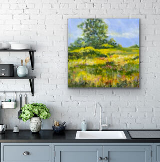 Perfect blue sky, golden fields and all the colourful wildflowers. A peaceful country scene to warm your room and heart. Please note there is a sister painting to this one and together they make a perfect
Country scene. The framed view is for illustration purposes only. 

Together these would make a warm splash in a family or living room and a natural wooden frame would complement the artwork beautifully. 