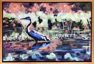 The Beautiful Blue Heron is so majestic in the Australian wetlands. The stunning reflected colours and details make this piece so interesting  and quite mesmerizing.  I've painted this scene a number of times and this piece is the last one  available. A stunning piece up close and at a distance.  Framed in a Truly lovely handmade Tasmanian Oak floating frame ready to hang.