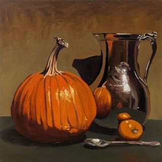 Still life of a pumpkin and steel pitcher - dutch golden age
