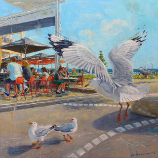 Gulls gathering at a restaurant scene on Henley Square.