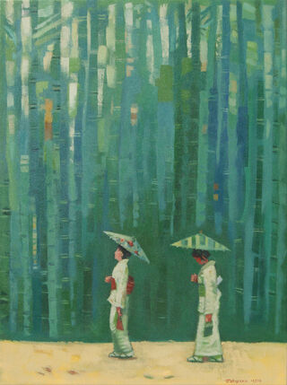 Two Japanese girls walking in the Arashiyama bamboo grove, Kyoto