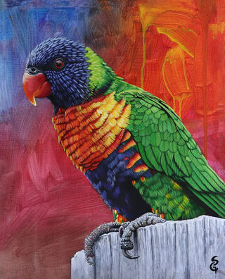 Lorikeet sitting on fence, abstract background