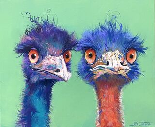 Two emu birds painted in vibrant colours on green background. 