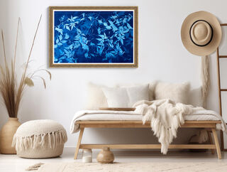 Image of branches of jasmine leaves in varying shades of blue form the background. A blue hummingbird has been added to the scene. It is technically a photo but has the texture of a painting.