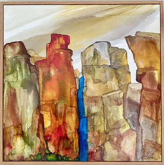 Blue Mountains majestic escarpments and waterfall. Abstract expressive textured painted in inks on canvas, presented in timber float frame. Orange, olive, ochre