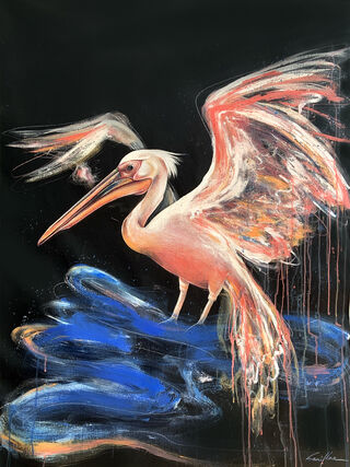 Painting of a pink pelican splashing in water