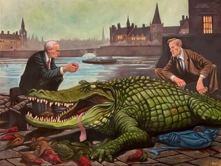 Two men and a crocodile in a city