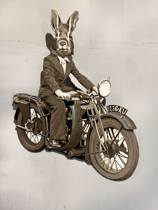 rabbit riding 1940s motorcycle