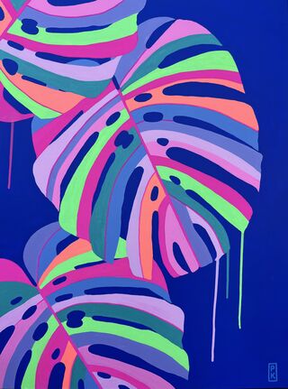 Three large Monstera leaves in bright & fluro colours on a striking cobalt blue background.