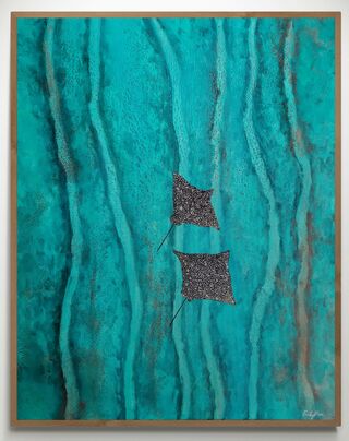 Textured aerial view inspired by Northern waters with two eagle manta rays.