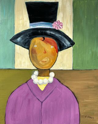 Naive style portrait painting in warm colours. She is wearing a bold black hat with a wide brim. The hat is adorned with a purple ribbon and a pink flower. She is wearing a purple lilac top, a yellow under top and big white pearls. She has a dark tanned face with small white and black eyes, a pink nose and mouth and pink rouge on her cheeks. There is a small curl of her black fairing showing on her forehead protruding from under her hat. The background is a wall of rectangular muted colours of blue, cream, green, olive green and brown. She has a small warm welcoming smile.