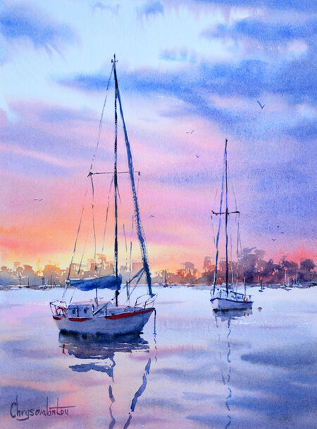 Oyster selling Catcher Sunset Topsham Giclee print of a painting wall art picture Exeter Devon Estuary Boats Sunrise river gold blue