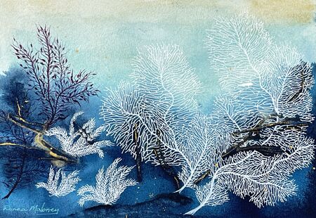 Original outlet Abstract Etching collage with watercolor: Underwater Reef 1