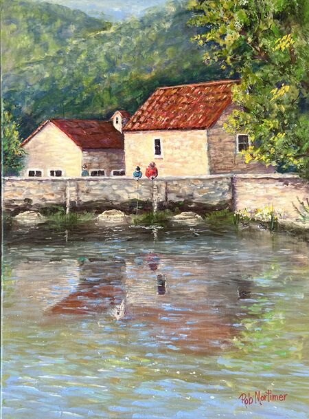 Acrylic Painting of Village house by the outlet river for sale