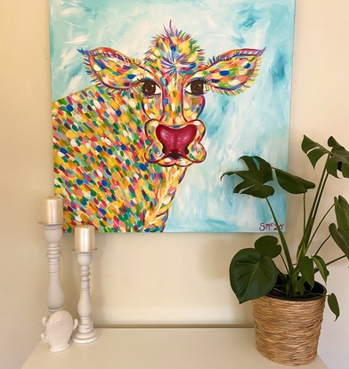 (CreativeWork) “Gertie” the cow  by Sarah McManus. Acrylic. Shop online at Bluethumb.