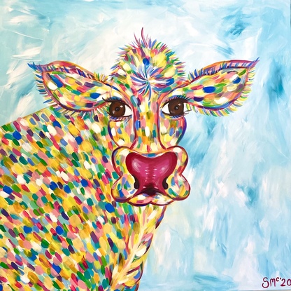 (CreativeWork) “Gertie” the cow  by Sarah McManus. Acrylic. Shop online at Bluethumb.