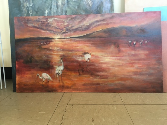 (CreativeWork) Cranes in Sunset by Tullia Williams. Oil. Shop online at Bluethumb.